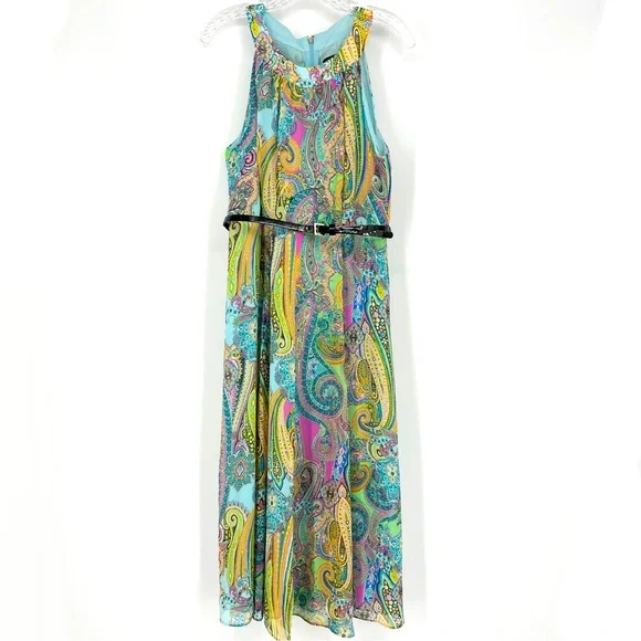 Tommy Hilfiger Blue Paisley Halter Long Dress Belted Size 10 Full Zip Back Lined - Picture 2 of 7